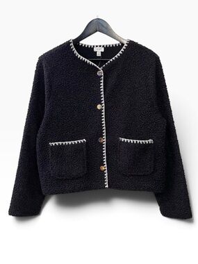 NWT J.Crew Sherpa Blanket Stitch Jacket Black Ivory Gold Buttons XXL